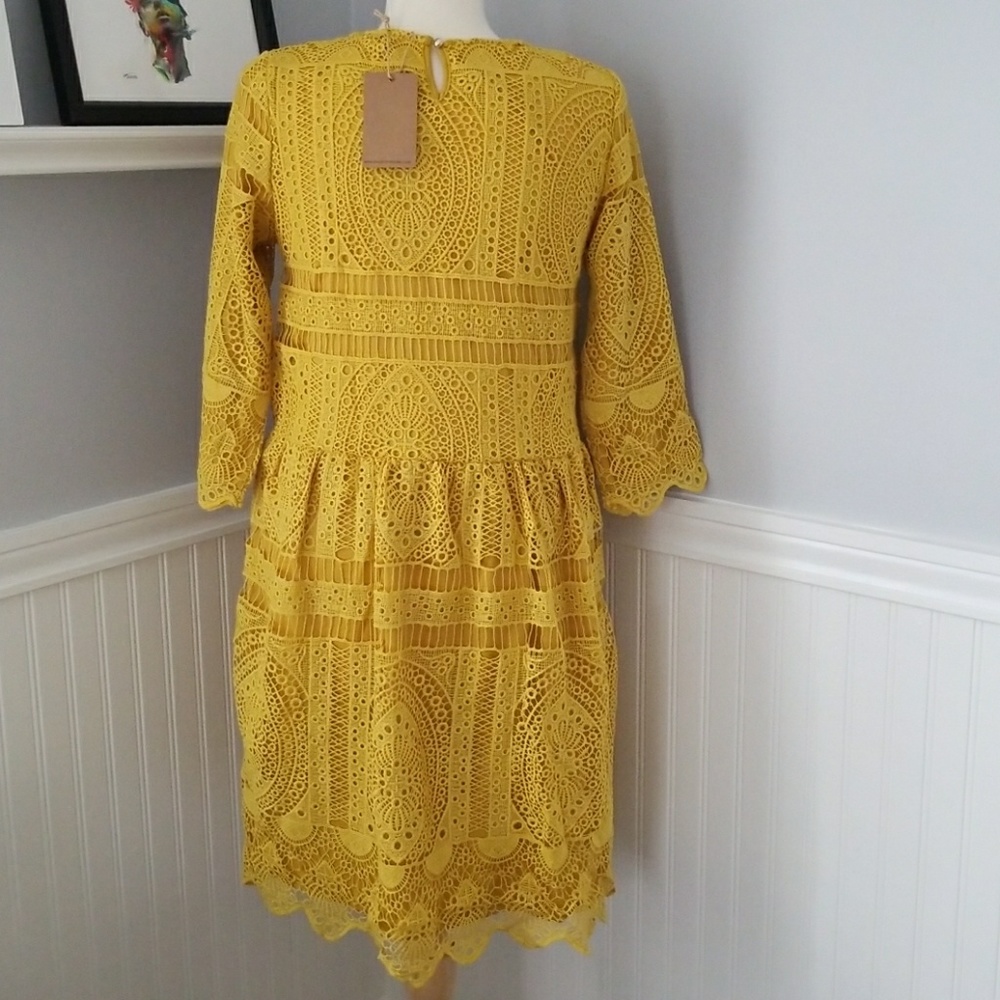 🌻Hidden Alley Mustard Eyelet Boho Low Waist Dress - Picture 5 of 7